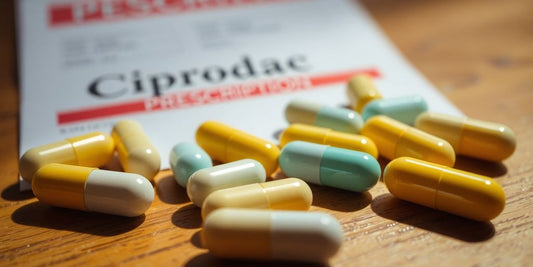 Ciprodac capsules on a wooden surface with prescription pad.