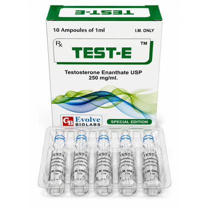 Test-E Testosterone Enanthate 250mg/mL ampoules box by Evolve Biolabs, 10 x 1ml, special edition, for I.M. use only