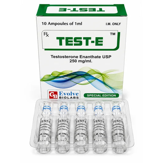 Test-E Testosterone Enanthate 250mg/mL ampoules box by Evolve Biolabs, 10 x 1ml, special edition, for I.M. use only